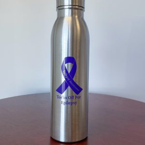 Metal reusable water bottle. with purple ribbon for epilepsy awareness