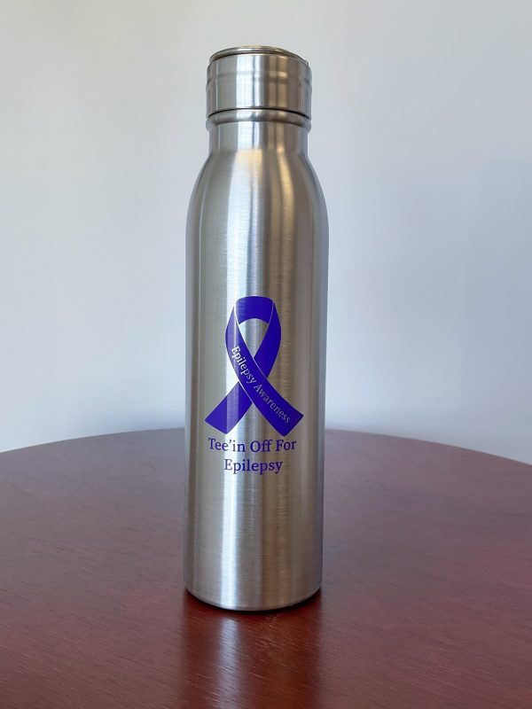 Metal reusable water bottle. with purple ribbon for epilepsy awareness